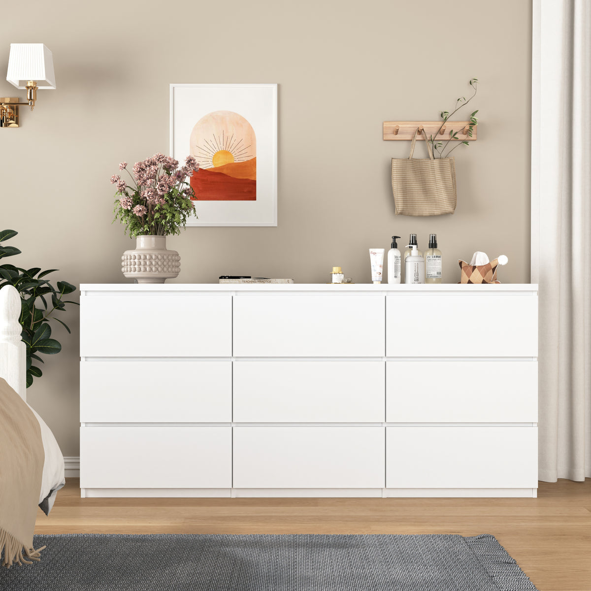 9-Drawer Handle-Free Wide Dresser – White