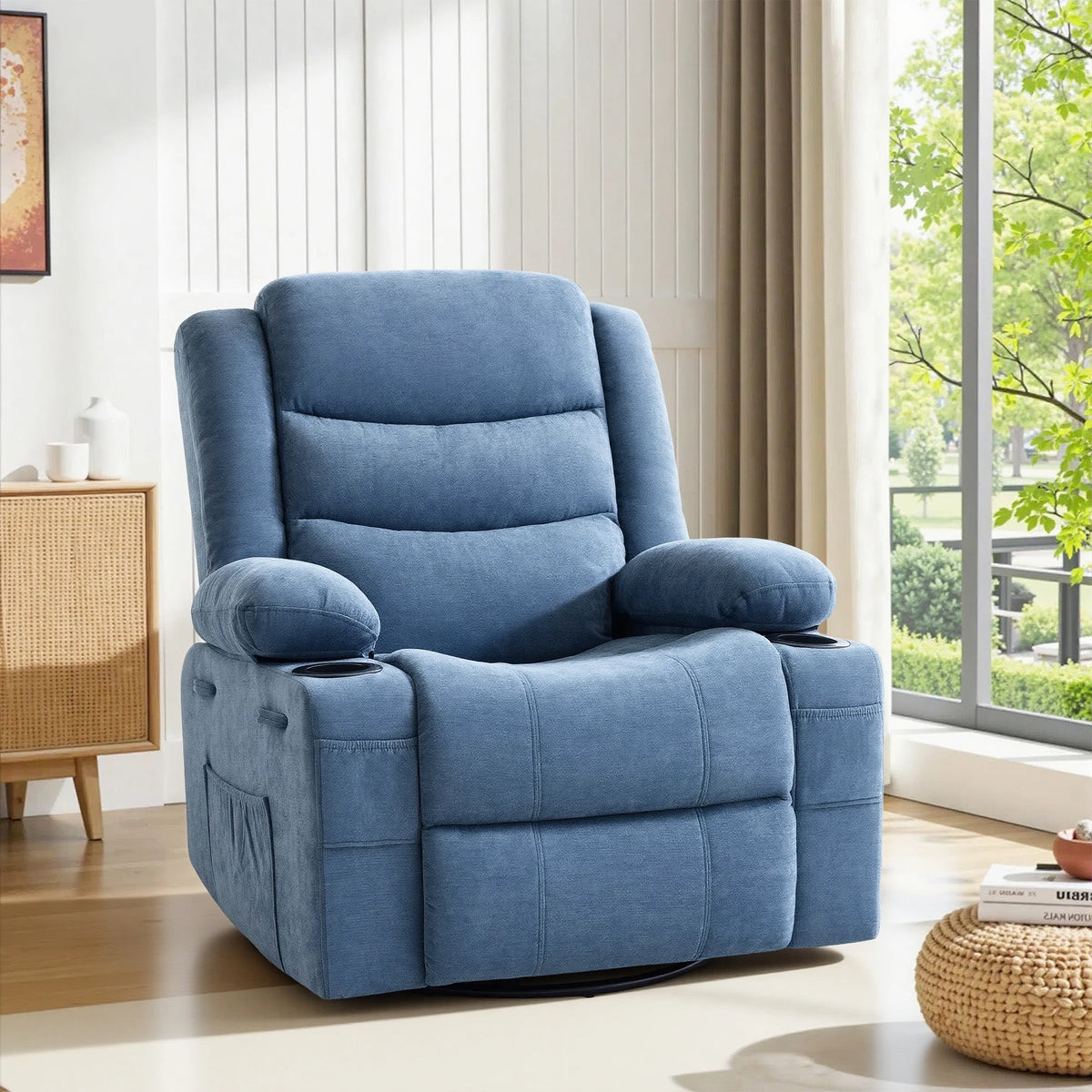 Chenille Swivel Rocker Recliner with Cup Holders