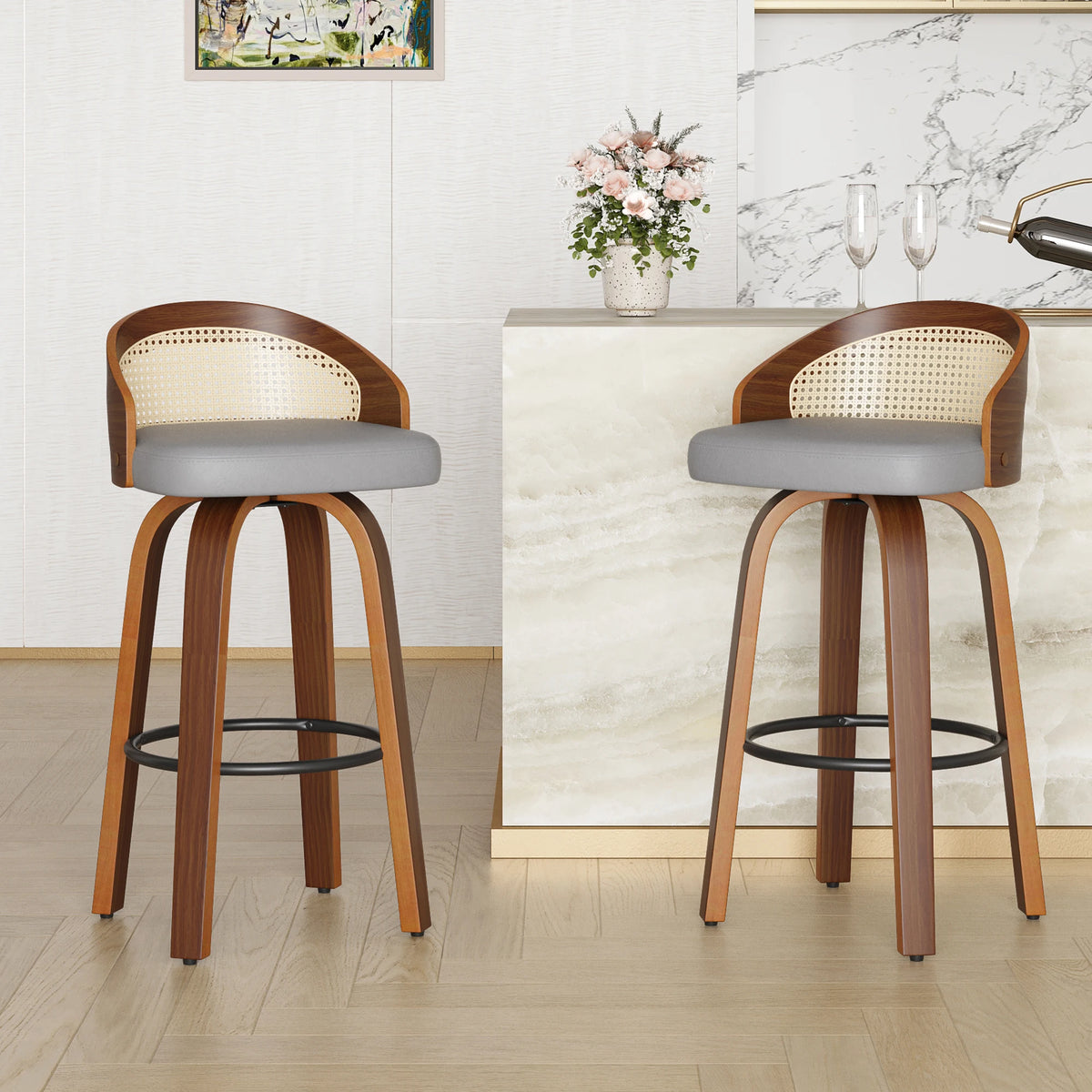 Swivel Bar Stools with Rattan Back, Set of 2