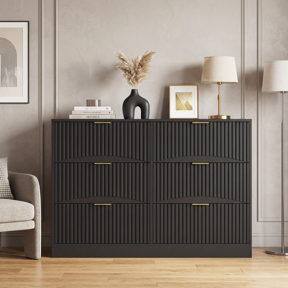 6-Drawer Wave Panel Dresser – Black