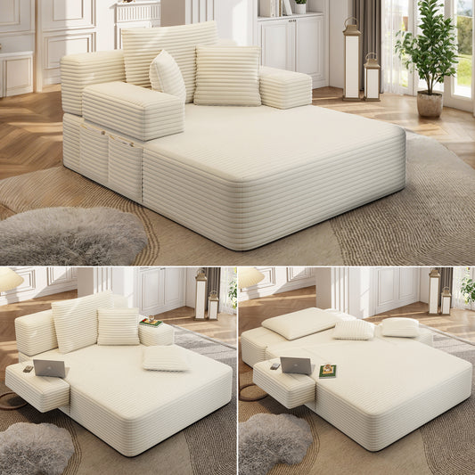 Corduroy Chaise Sofa Bed with Pillows – Beige