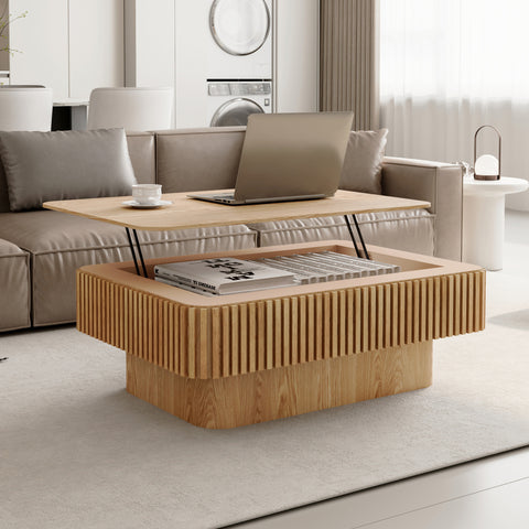 38.6" Fluted Lift-Top Coffee Table – Natural Wood
