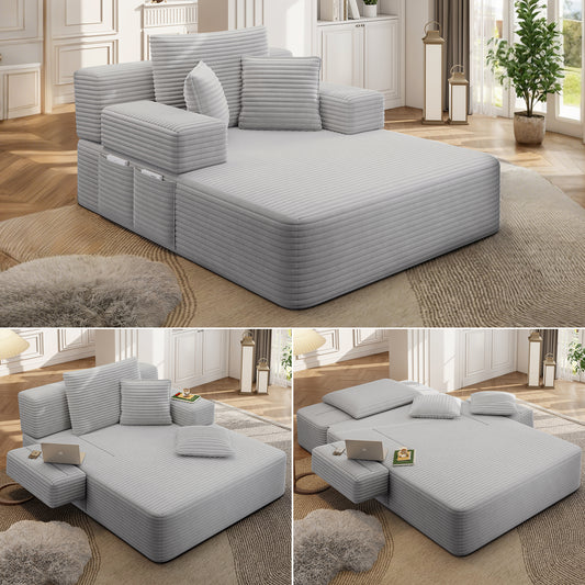 Corduroy Chaise Sofa Bed with Pillows – Light Grey