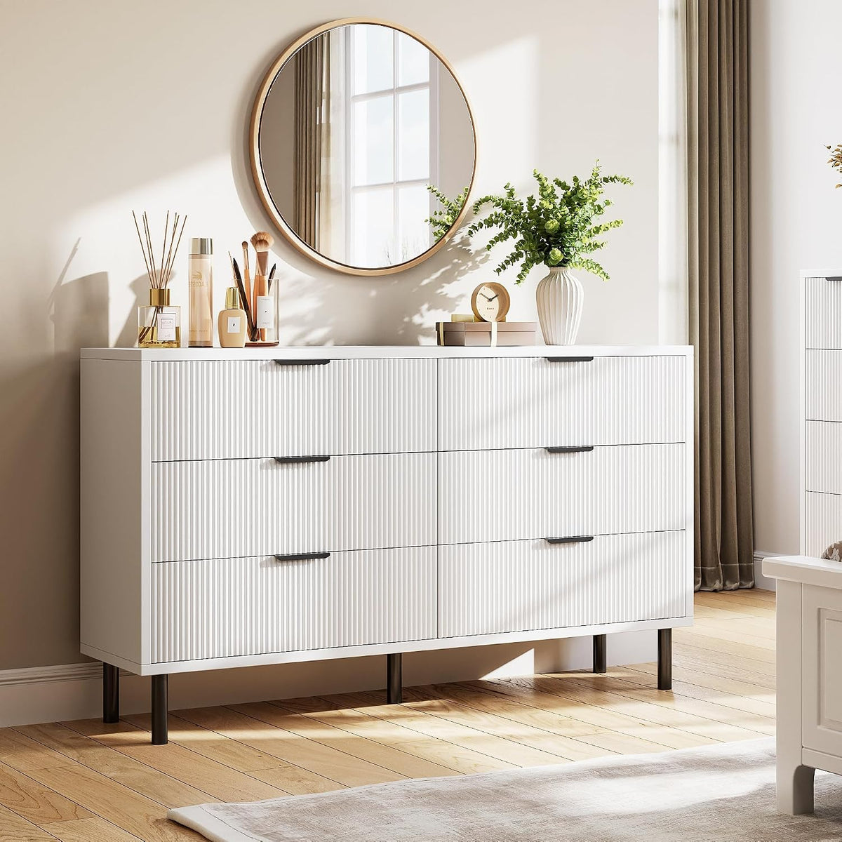 Fluted 6 Drawer Dresser with Metal Legs Wide Storage Cabinet Wood Chest of Drawers Anti Tipping Design Bedroom Living Room Hallway Organizer