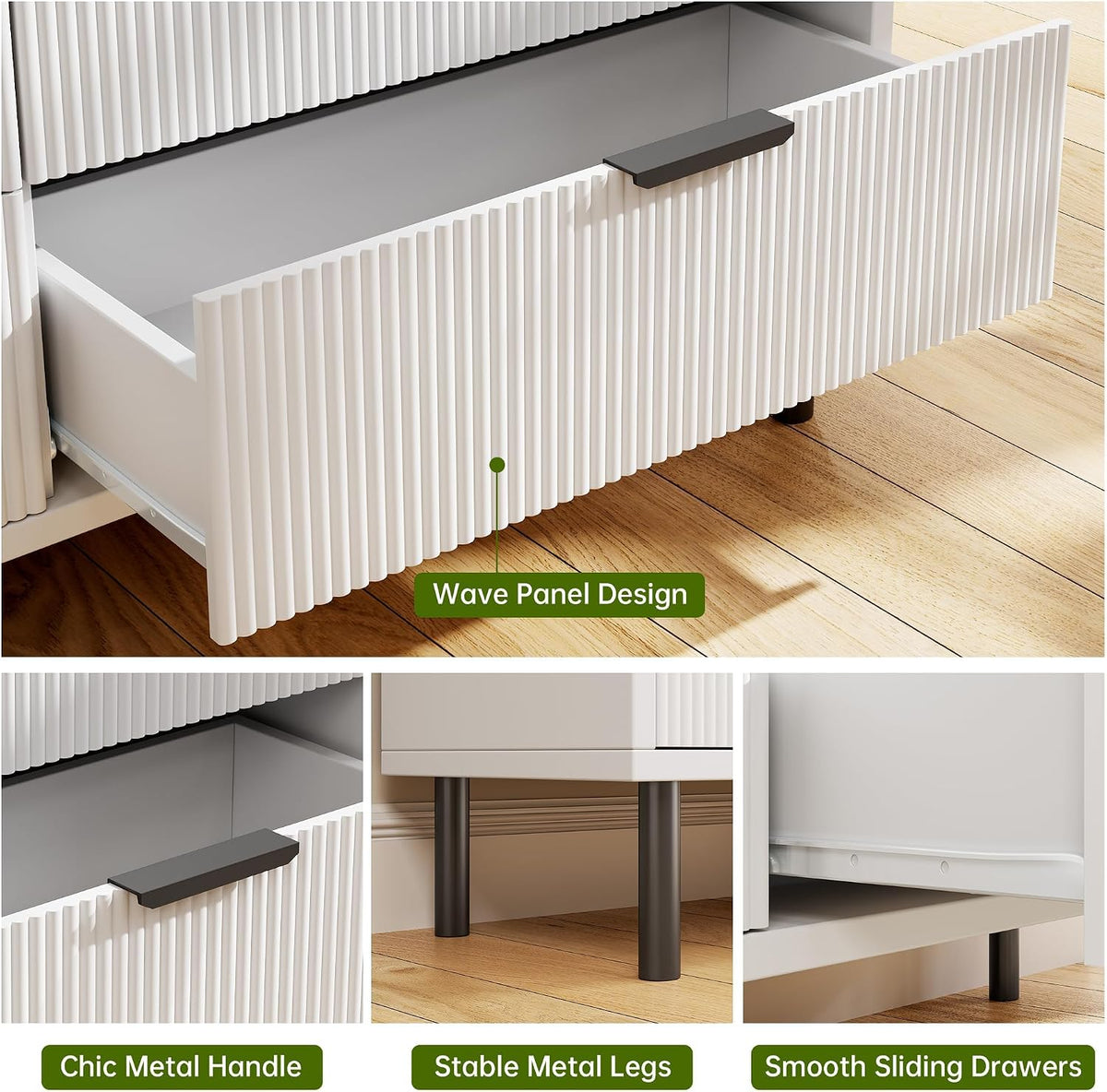 Fluted 6 Drawer Dresser with Metal Legs Wide Storage Cabinet Wood Chest of Drawers Anti Tipping Design Bedroom Living Room Hallway Organizer