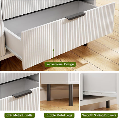 Fluted 6 Drawer Dresser with Metal Legs Wide Storage Cabinet Wood Chest of Drawers Anti Tipping Design Bedroom Living Room Hallway Organizer