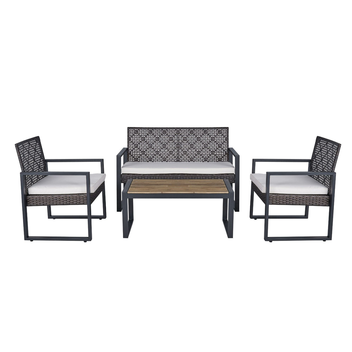 4-Piece Rattan Patio Set with Acacia Table – Brown