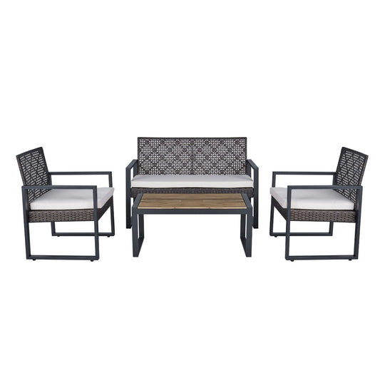 4-Piece Rattan Patio Set with Acacia Table – Brown
