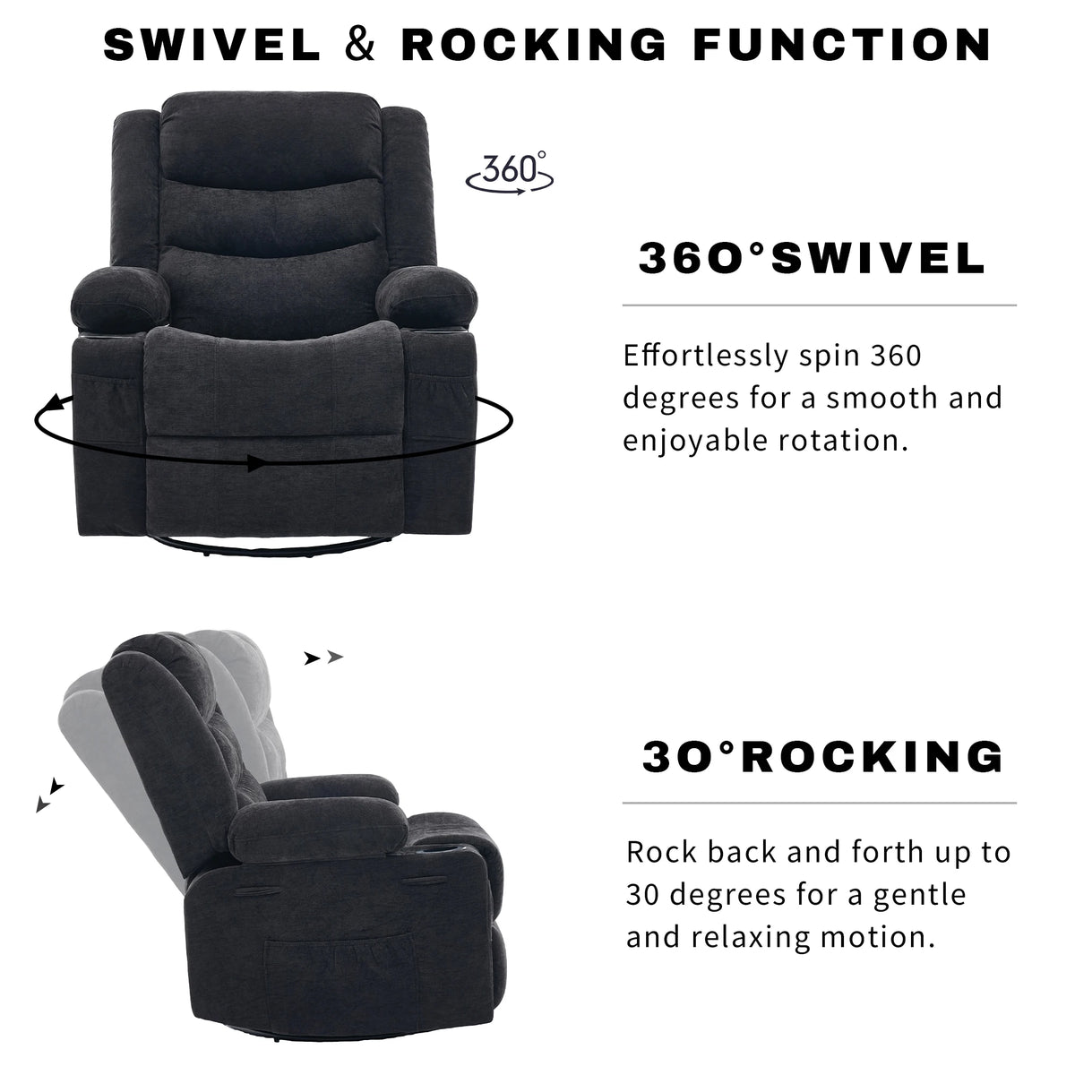 Chenille Swivel Rocker Recliner with Cup Holders