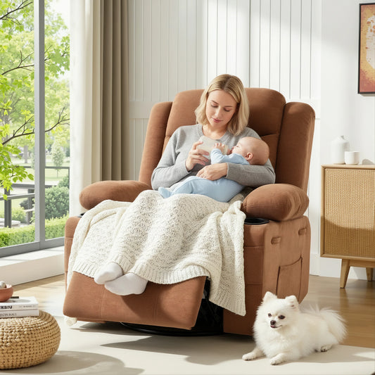 Chenille Swivel Rocker Recliner with Cup Holders