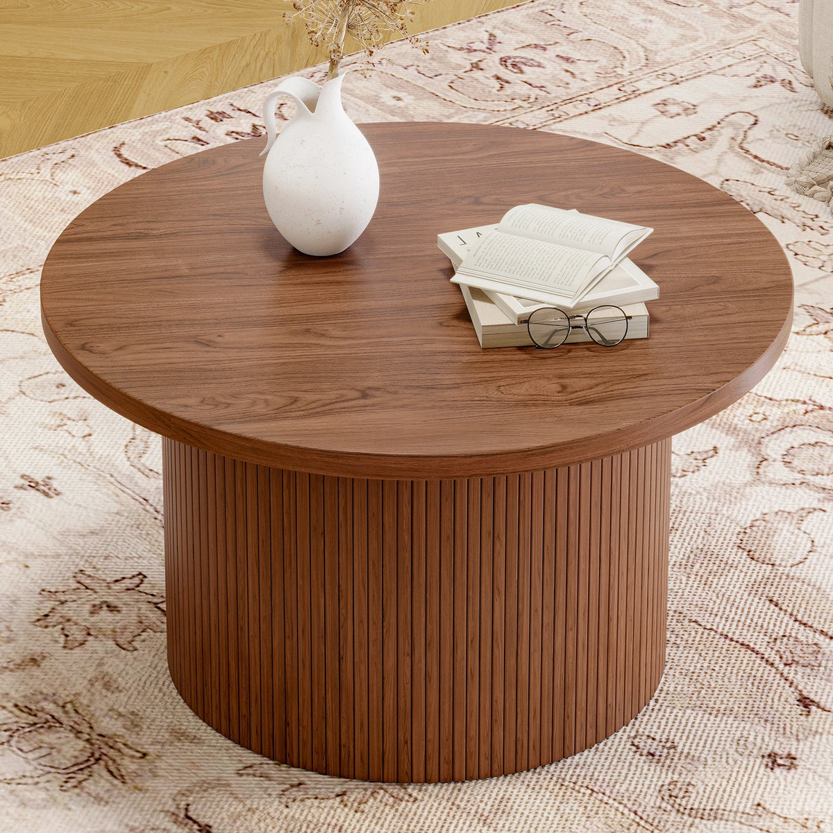 Tambour Round Coffee Table, Walnut