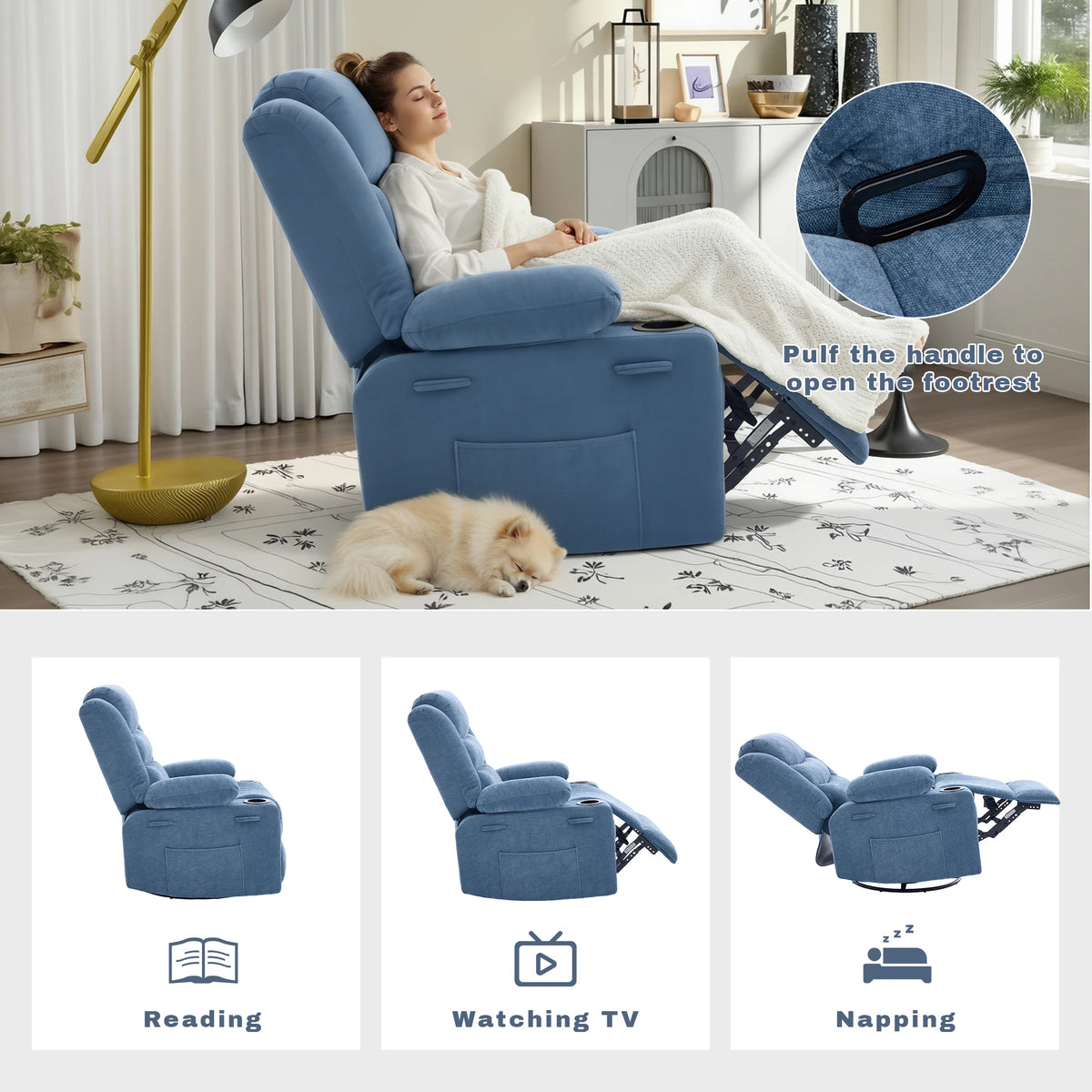 Chenille Swivel Rocker Recliner with Cup Holders