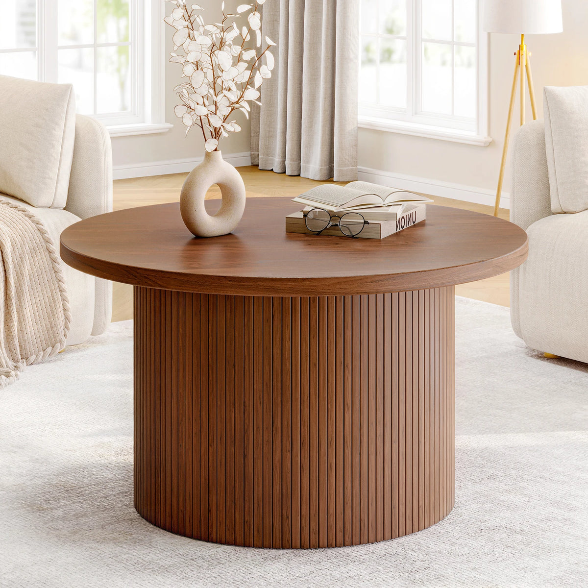 Tambour Round Coffee Table, Walnut