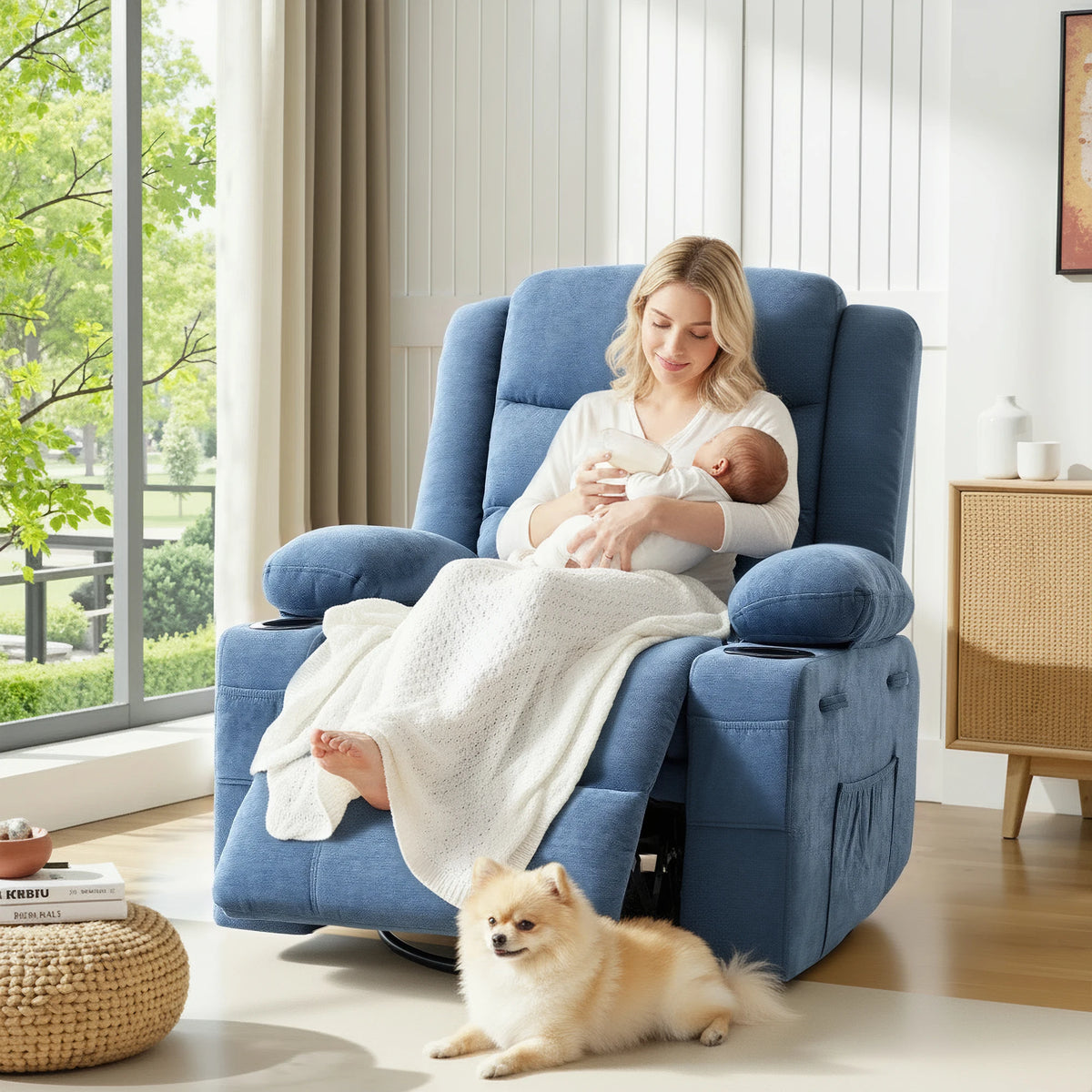 Chenille Swivel Rocker Recliner with Cup Holders