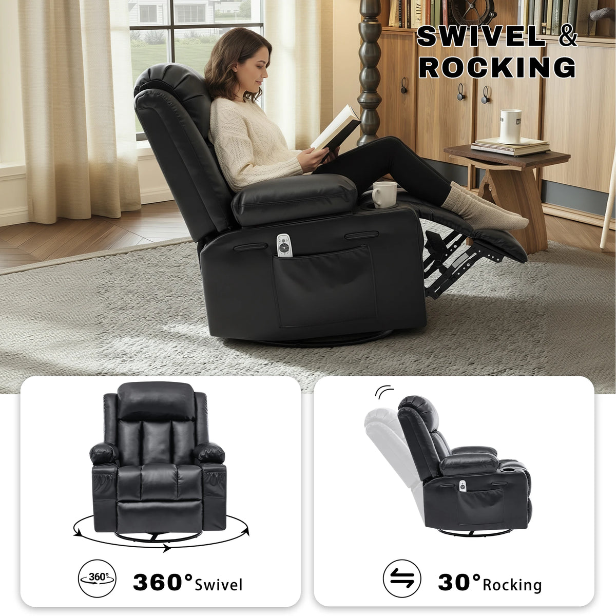 Swivel Rocker Recliner with Massage & Heat
