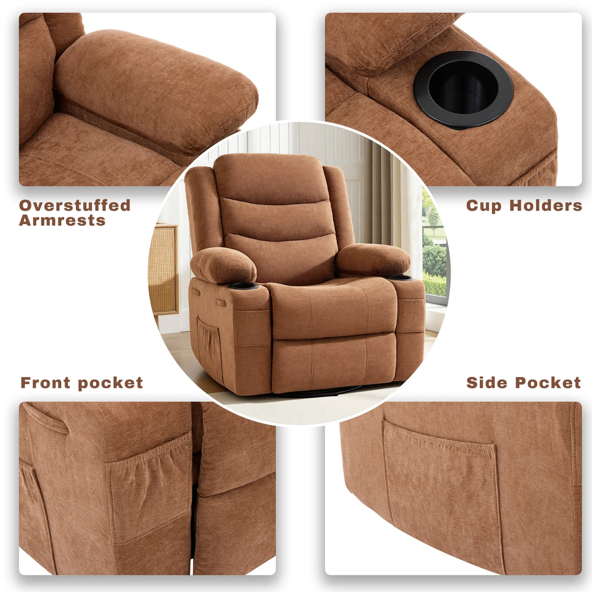 Chenille Swivel Rocker Recliner with Cup Holders