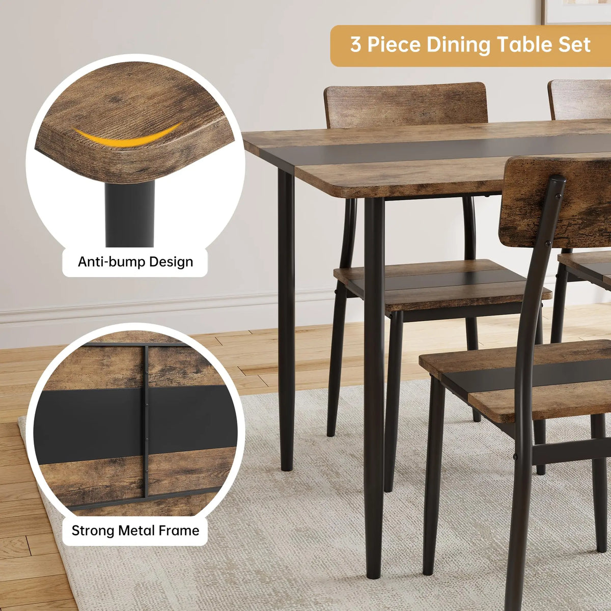 3-Piece Dining Table Set for 2, Two-Tone