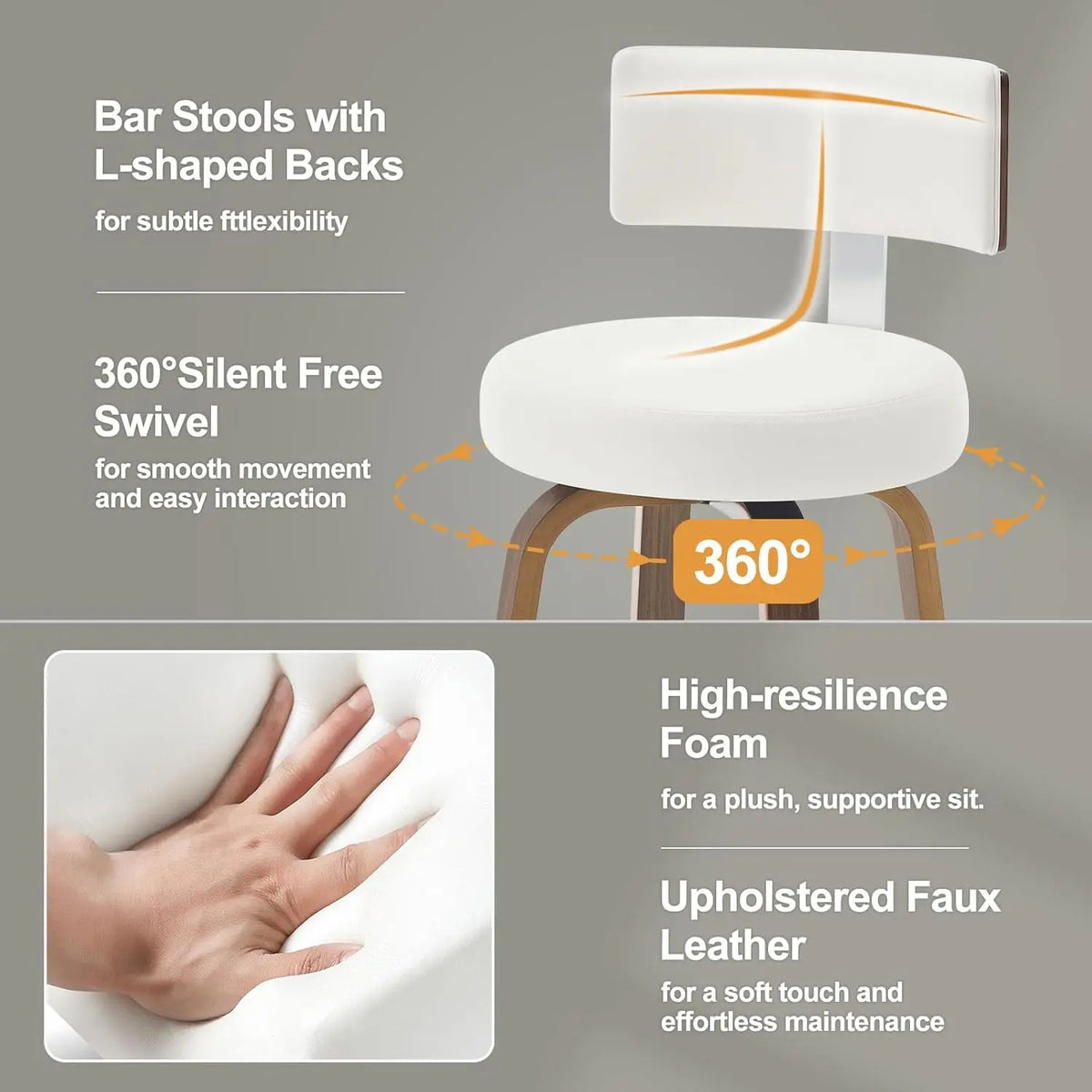 Swivel Counter Stools Set of 3 – Faux Leather & Walnut Legs, 26" Seat