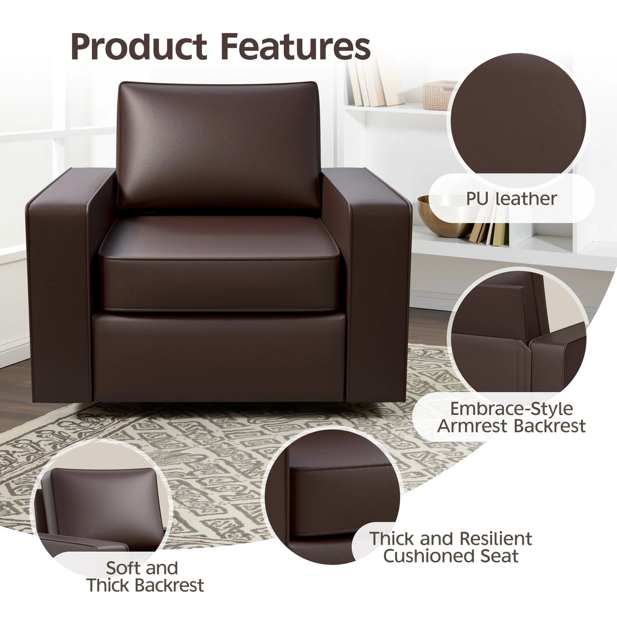 KERDOM 360° Swivel Accent Chair, PU Leather