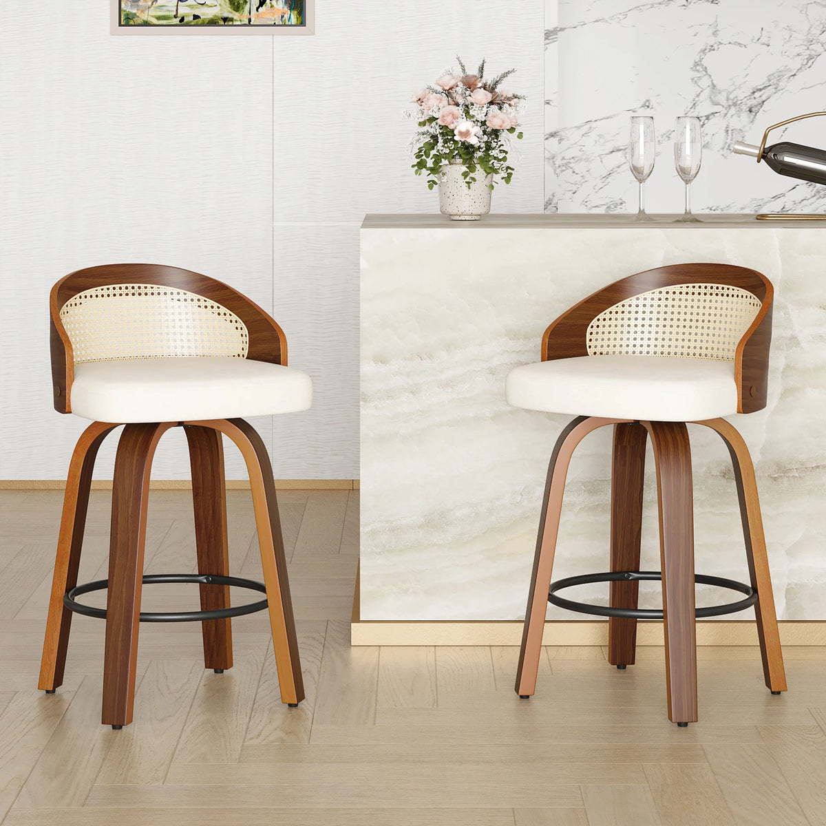 Swivel Bar Stools with Rattan Back, Set of 2