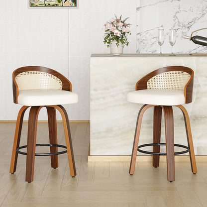 Swivel Bar Stools with Rattan Back, Set of 2