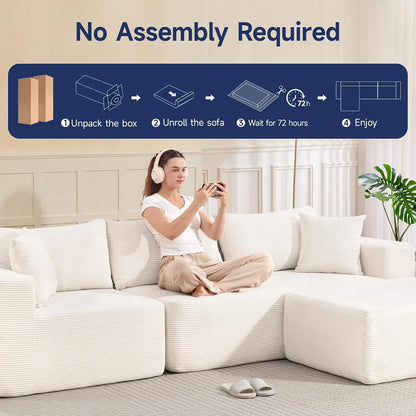 108" Cloud Couch Sectional | Boneless L-Shaped Sofa with Chaise & Ottoman – Beige