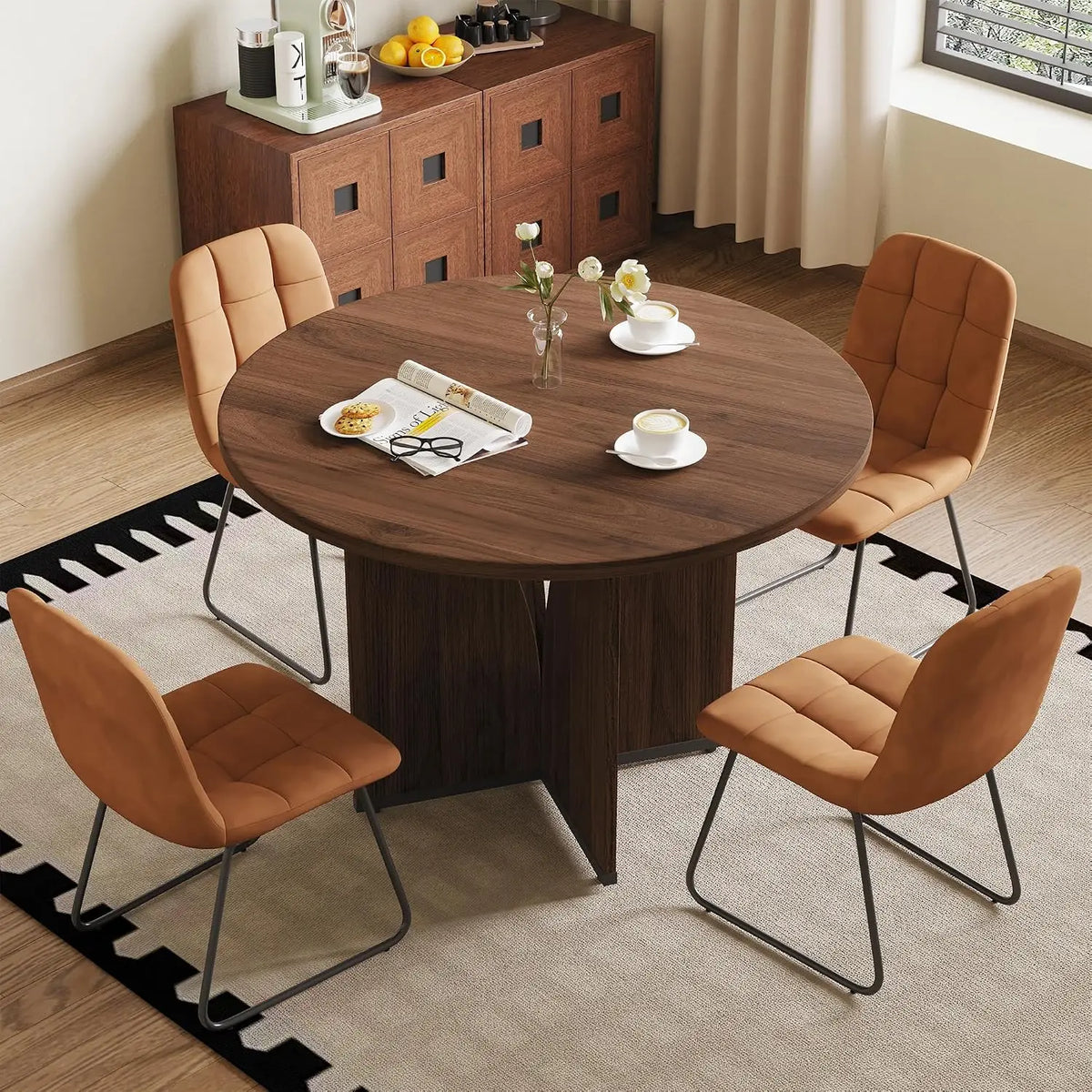 Round Walnut Dining Table Set for 4