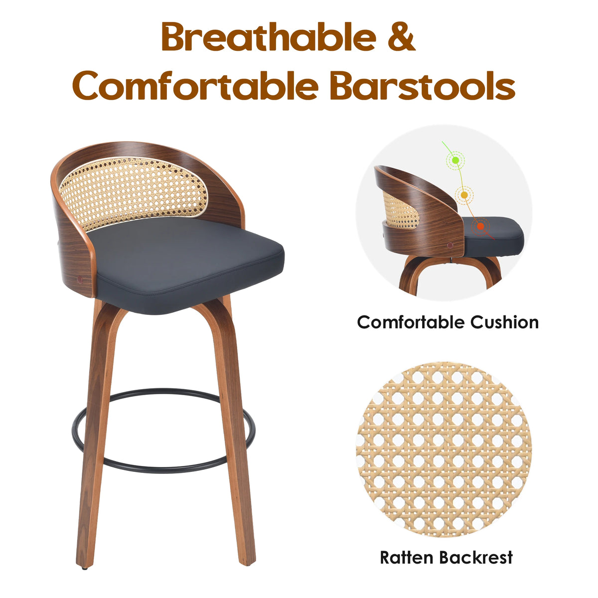Swivel Bar Stools with Rattan Back, Set of 2