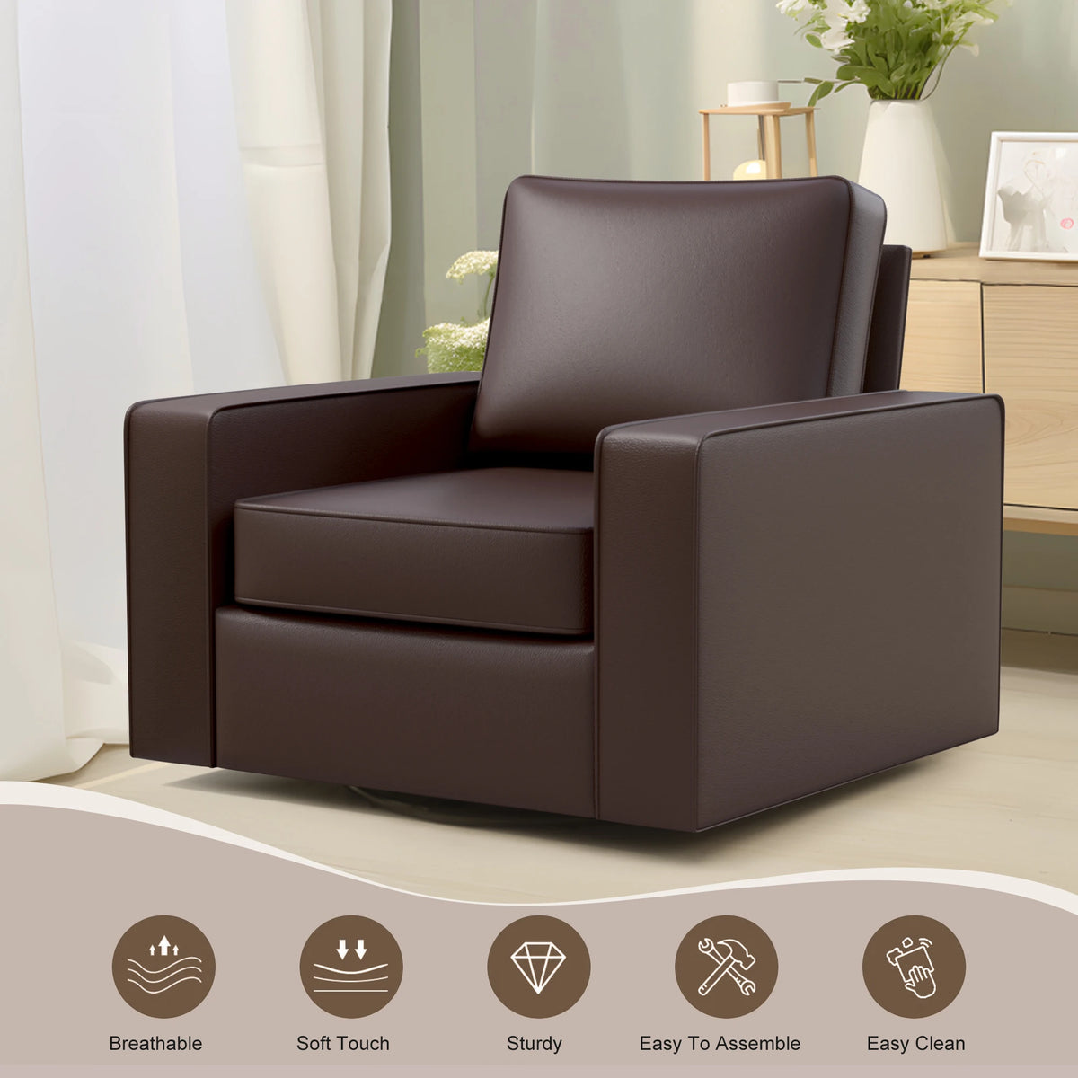 KERDOM 360° Swivel Accent Chair, PU Leather