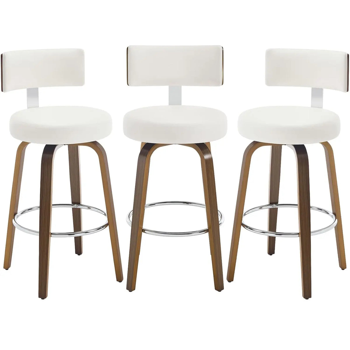 Swivel Counter Stools Set of 3 – Faux Leather & Walnut Legs, 26" Seat