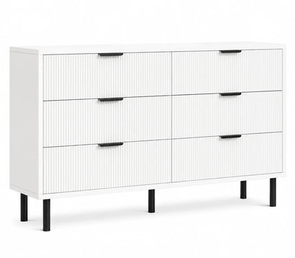 Fluted 6 Drawer Dresser with Metal Legs Wide Storage Cabinet Wood Chest of Drawers Anti Tipping Design Bedroom Living Room Hallway Organizer