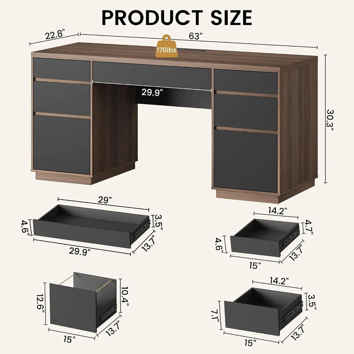 63" Executive Computer Desk with 7 Drawers