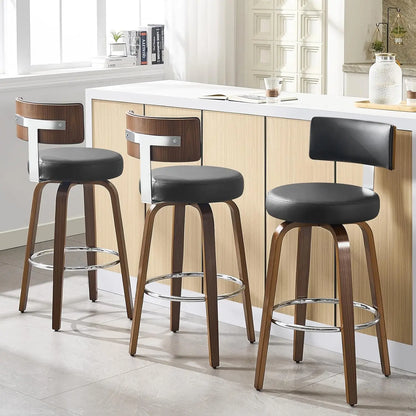 Swivel Counter Stools Set of 3 – Faux Leather & Walnut Legs, 26" Seat