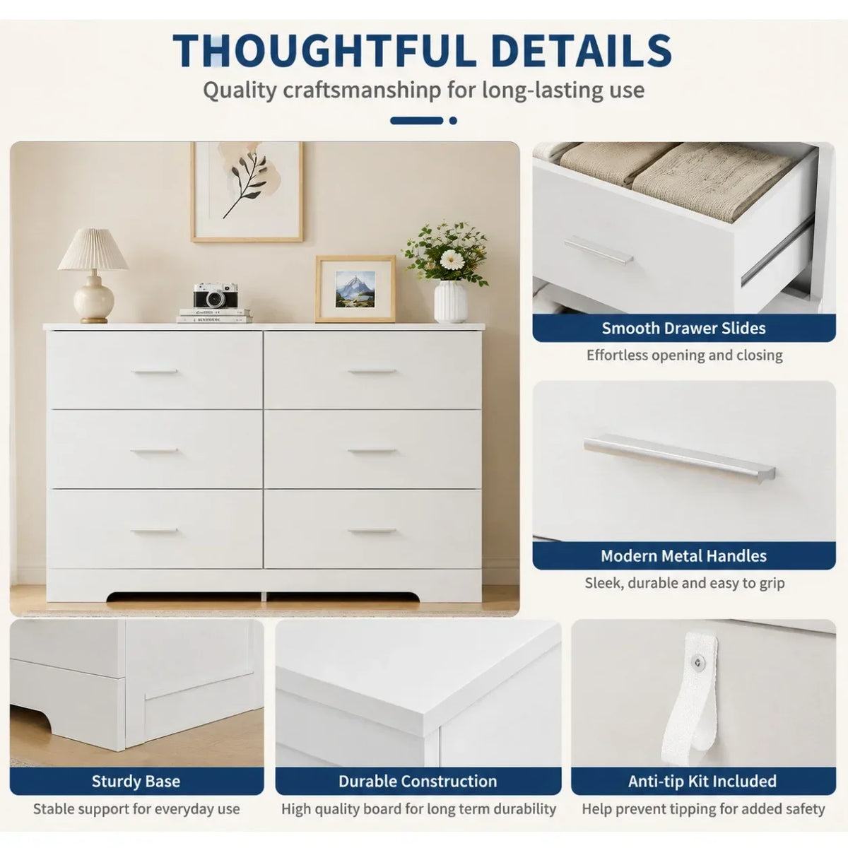 6-Drawer Wood Dresser with Metal Handles