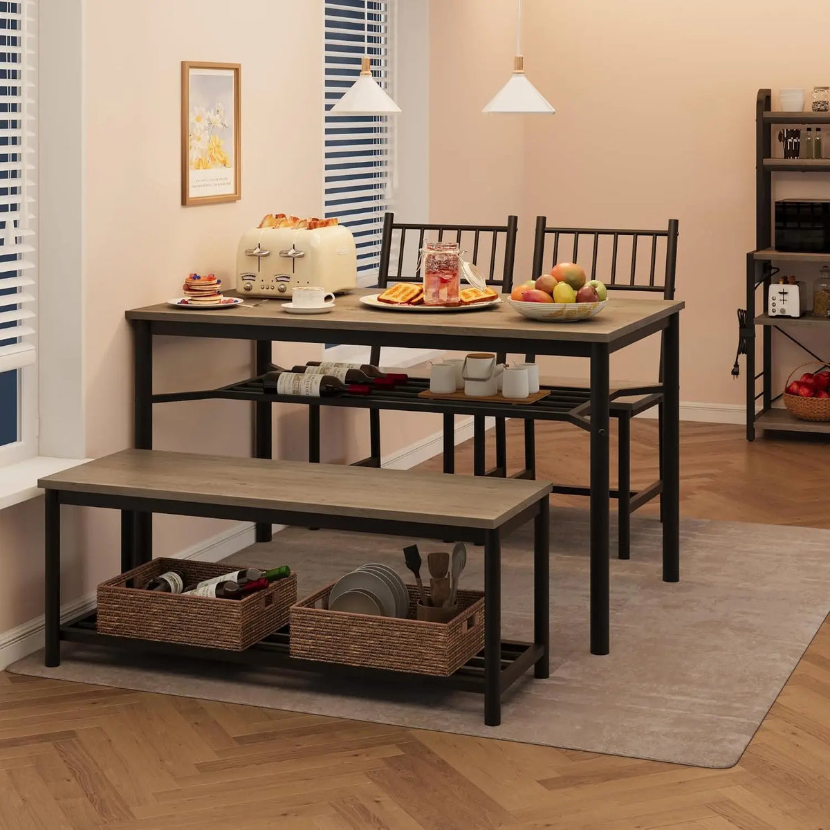 Dining Table Set for 4 with Bench & Storage