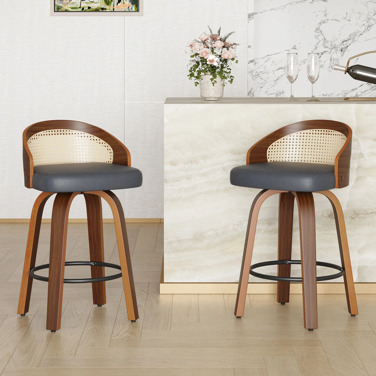 Swivel Bar Stools with Rattan Back, Set of 2