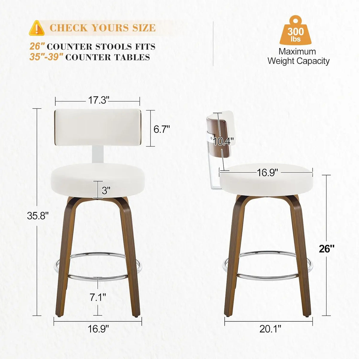 Swivel Counter Stools Set of 3 – Faux Leather & Walnut Legs, 26" Seat