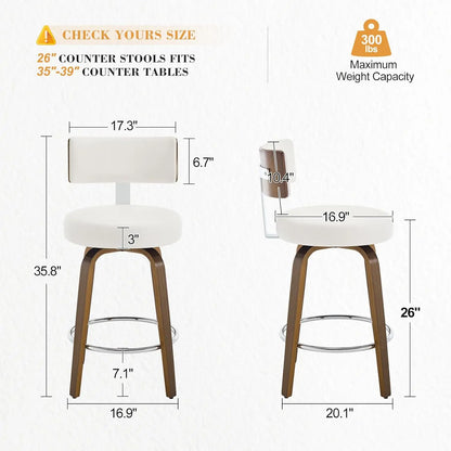 Swivel Counter Stools Set of 3 – Faux Leather & Walnut Legs, 26" Seat