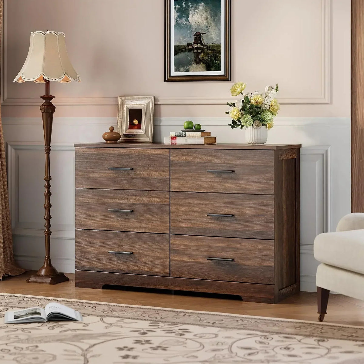 6-Drawer Wood Dresser with Metal Handles