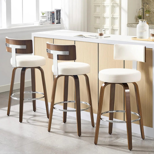 Swivel Counter Stools Set of 3 – Faux Leather & Walnut Legs, 26" Seat