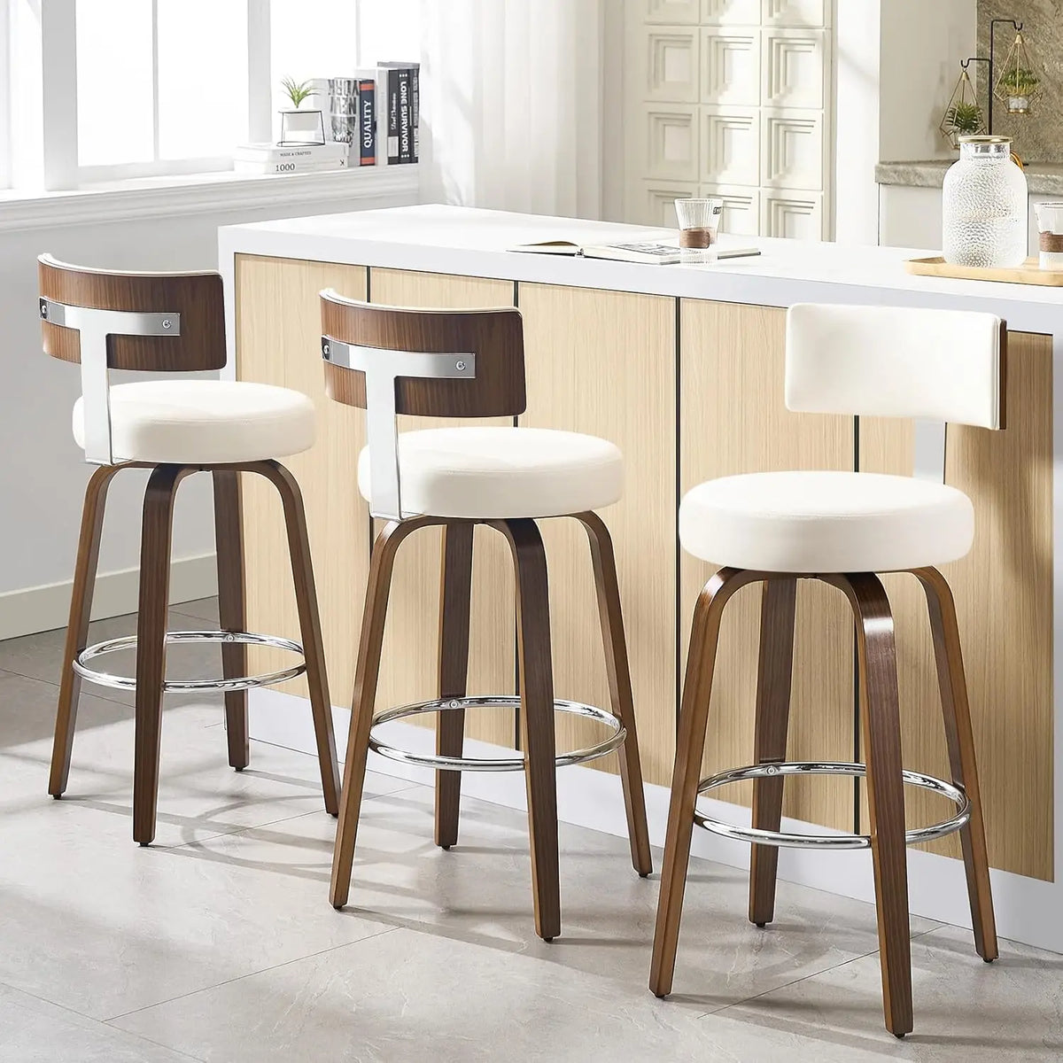 Swivel Counter Stools Set of 3 – Faux Leather & Walnut Legs, 26" Seat