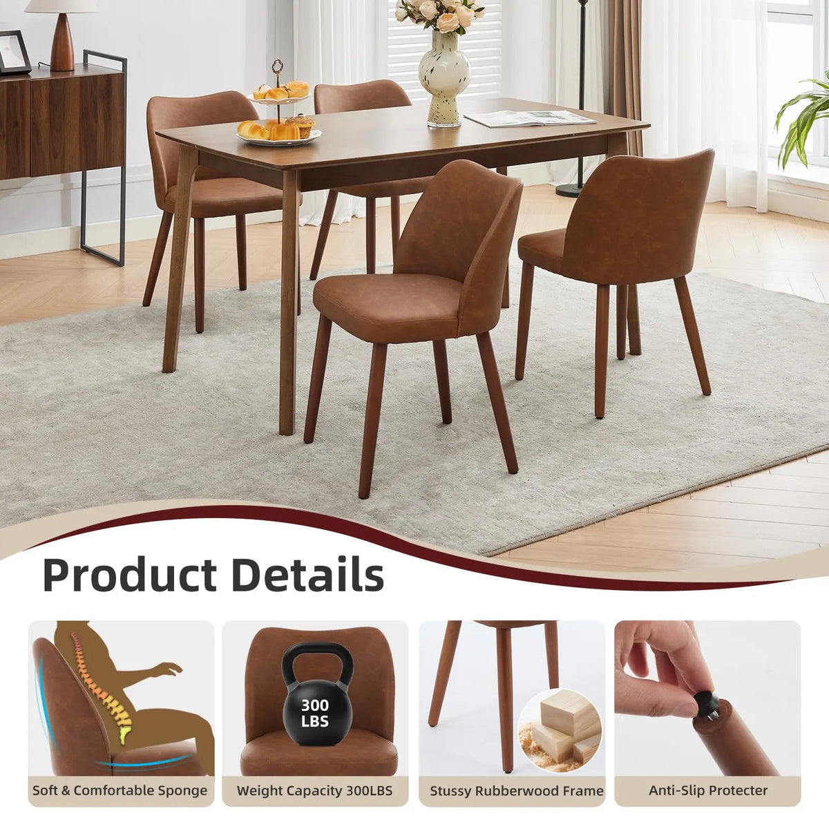 Dining Chairs Set of 2 – Linen Upholstered, Ergonomic Back & Rubberwood Legs