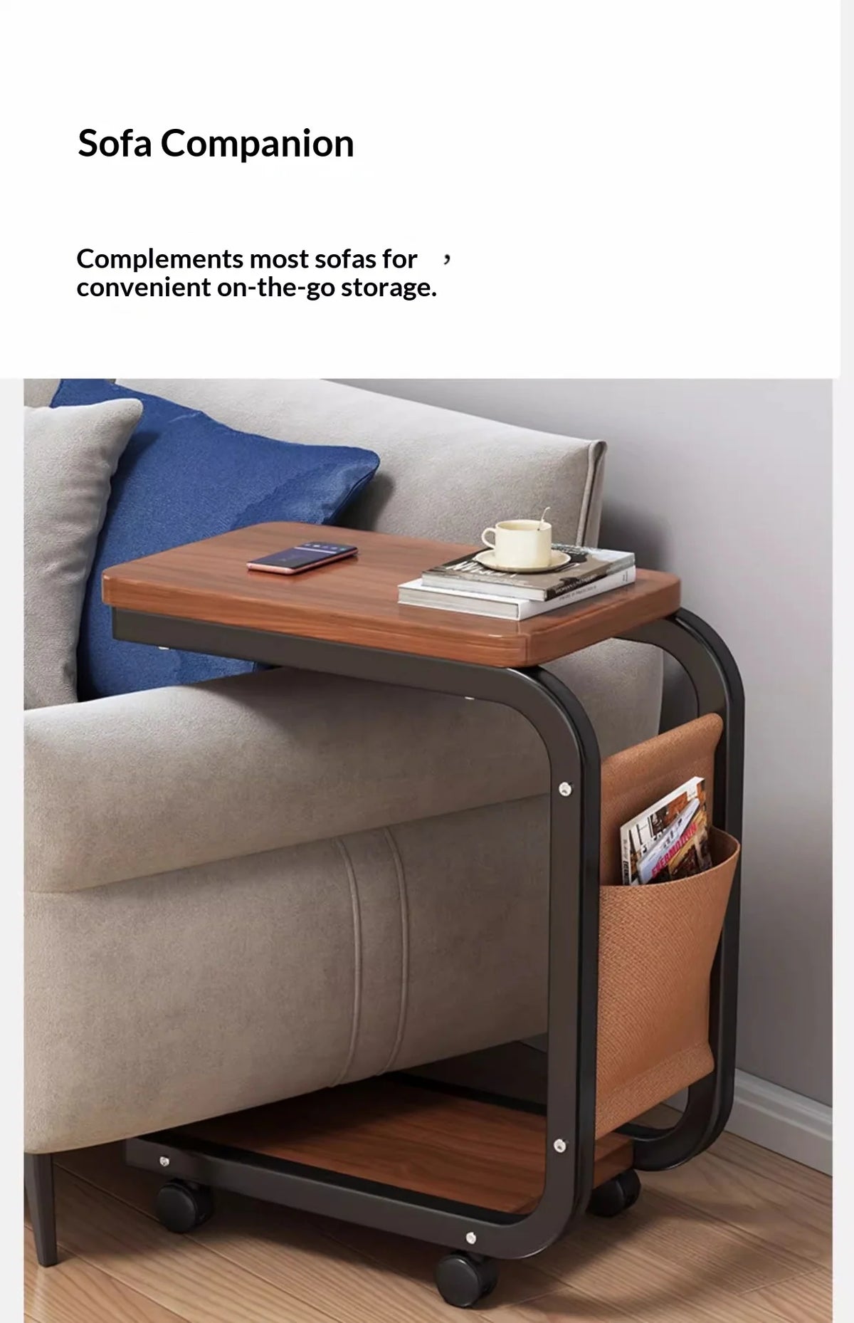 Mobile Coffee Side Table, Height Adjustable