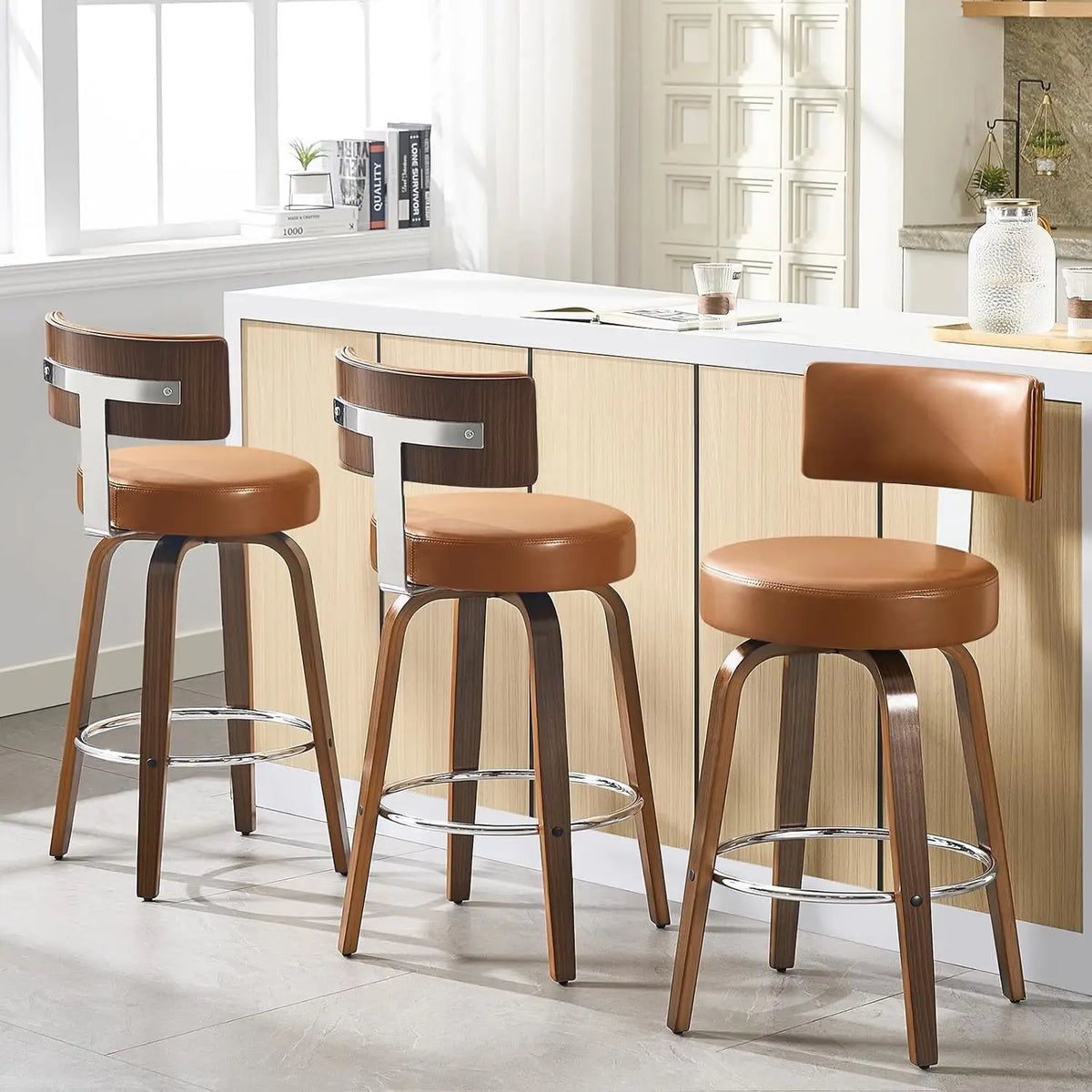 Swivel Counter Stools Set of 3 – Faux Leather & Walnut Legs, 26" Seat