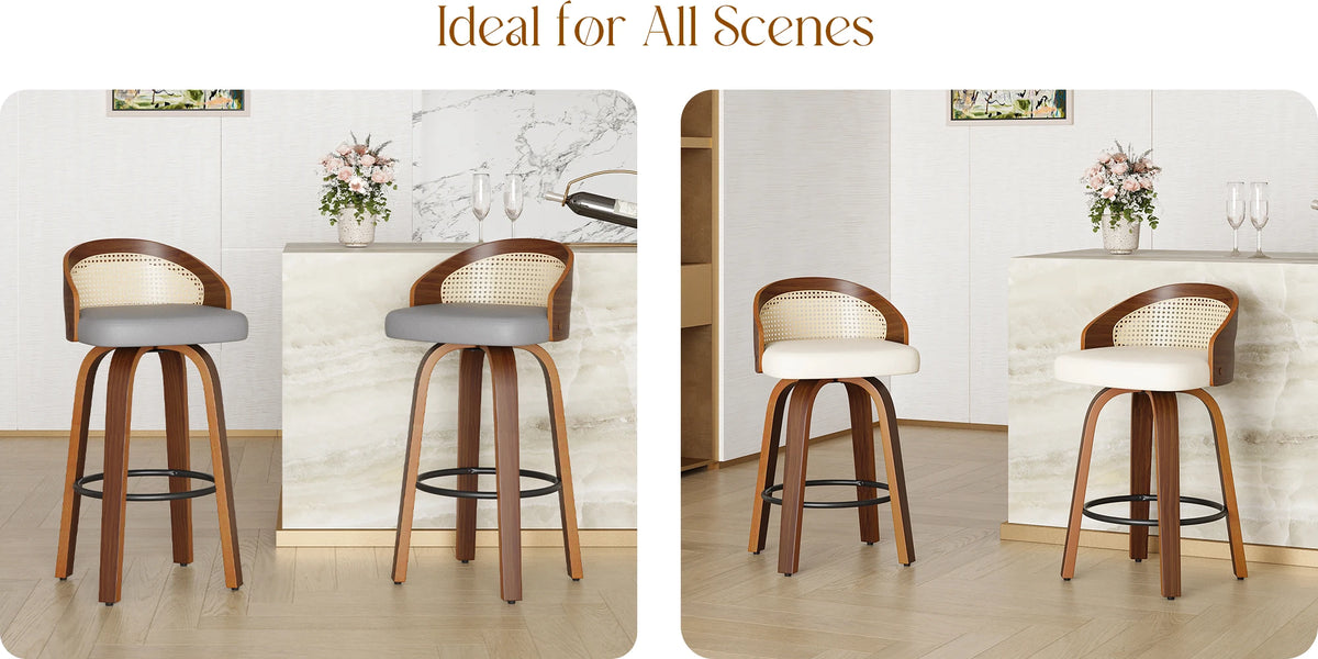 Swivel Bar Stools with Rattan Back, Set of 2