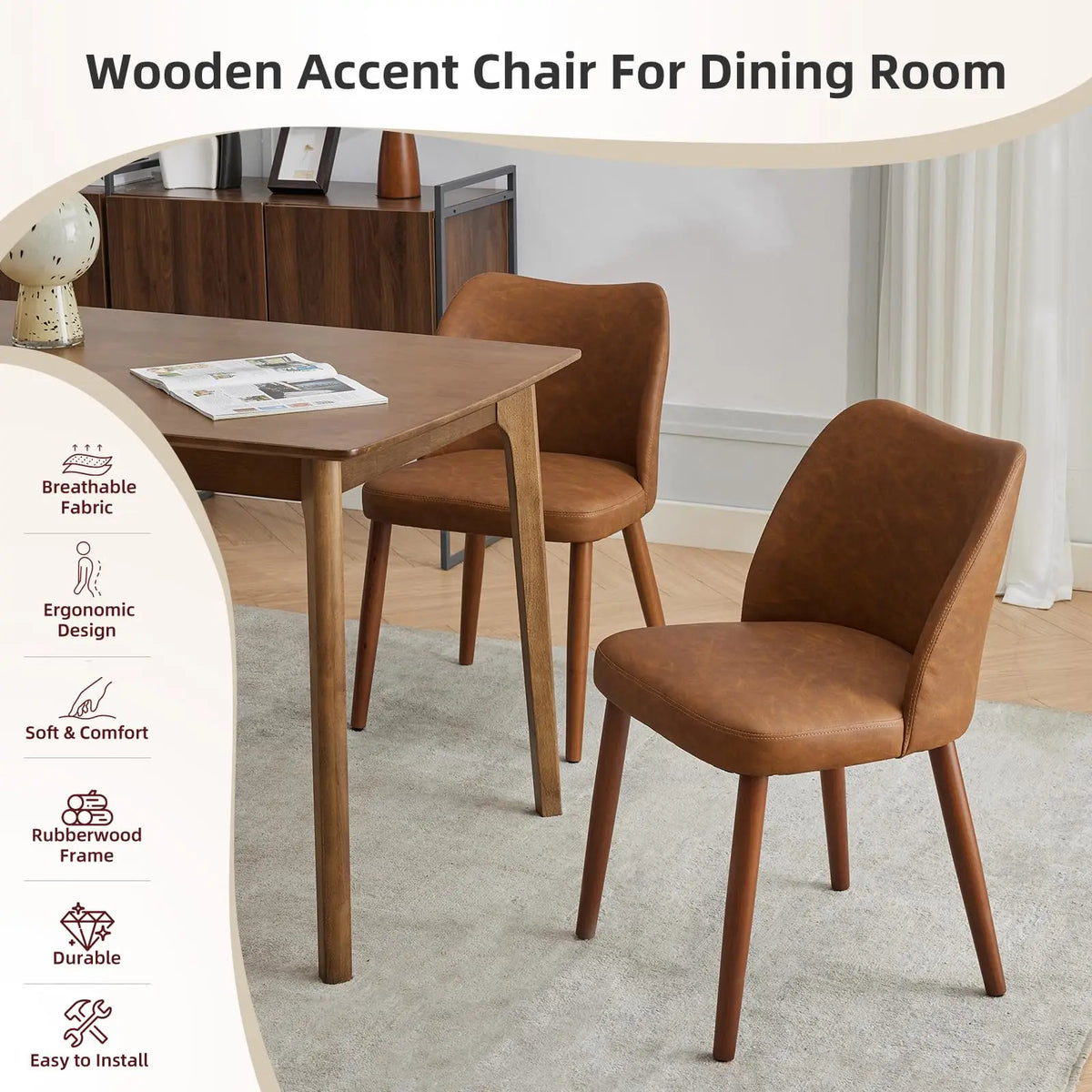 Dining Chairs Set of 2 – Linen Upholstered, Ergonomic Back & Rubberwood Legs