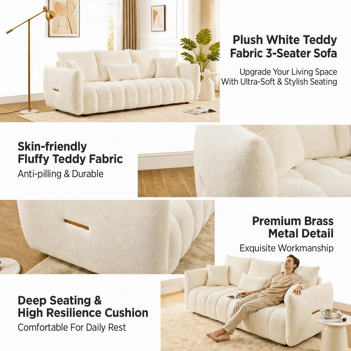 79.5in Teddy Fabric 3-Seater Sofa