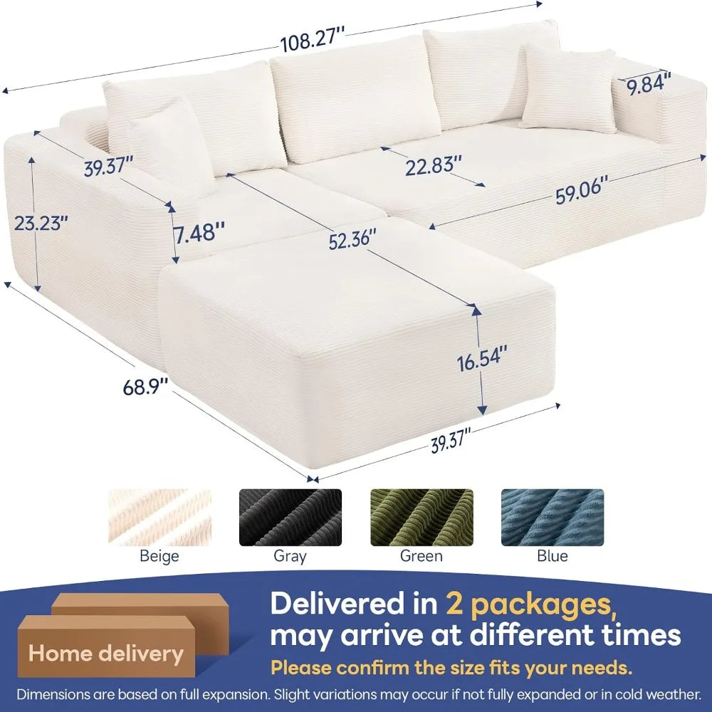 108" Cloud Couch Sectional | Boneless L-Shaped Sofa with Chaise & Ottoman – Beige