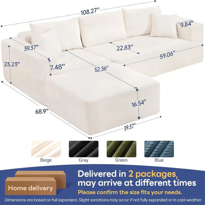 108" Cloud Couch Sectional | Boneless L-Shaped Sofa with Chaise & Ottoman – Beige