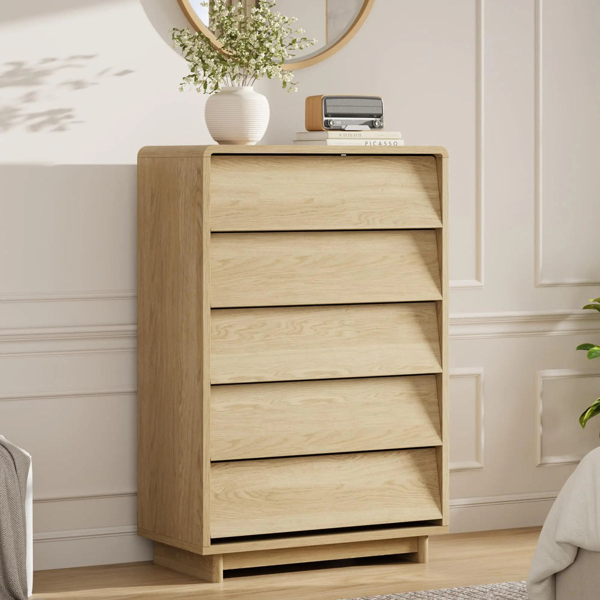 5-Drawer Tall Wood Dresser, Curved Edge
